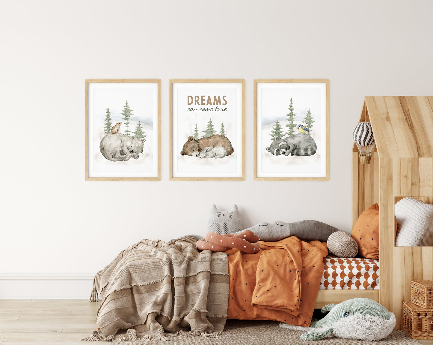 Woodland Dreams Trio - Bear, Wolf, Raccoon Wall Art, Set of 3, N048