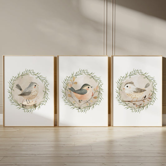 Songbirds in Bloom: Enchanting Animal Wall Art for Nurseries, Set of 3, N096
