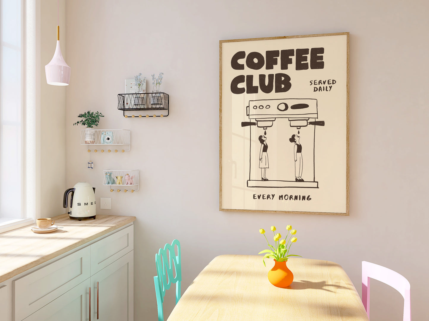 Coffee Club Poster with 2 Women – Coffee Wall Art, Espresso Machine Print, Retro Kitchen Poster, Bar Wall Decor, Coffee Lover Gift MR24