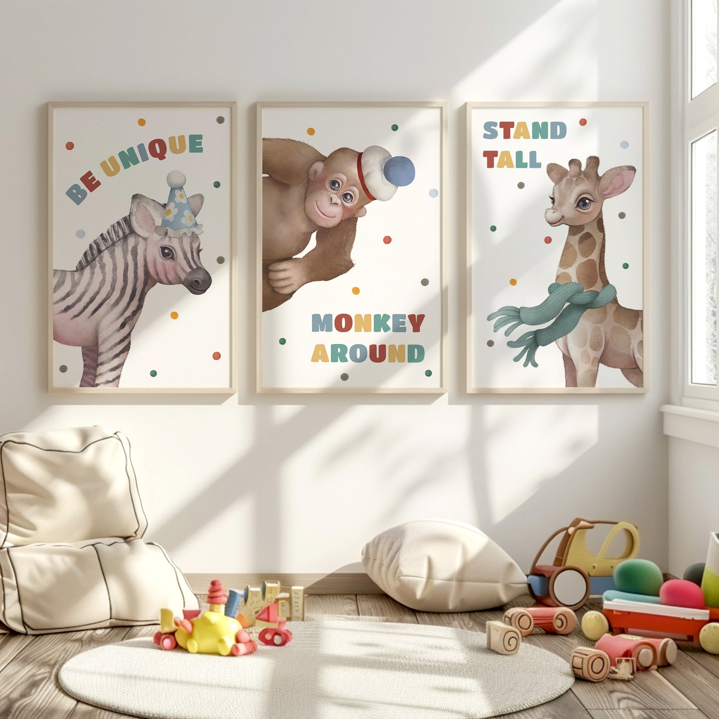 Jungle Friends Wall Art: Be Unique, Stand Tall, Monkey Around, Set of 3, N106