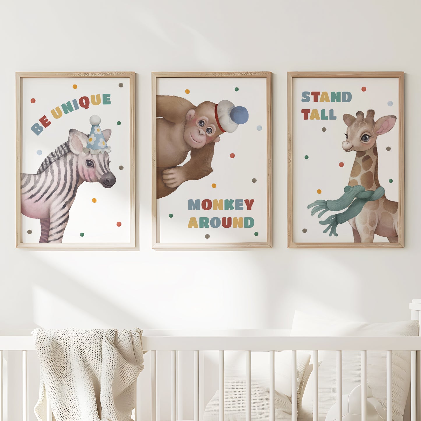 Jungle Friends Wall Art: Be Unique, Stand Tall, Monkey Around, Set of 3, N106