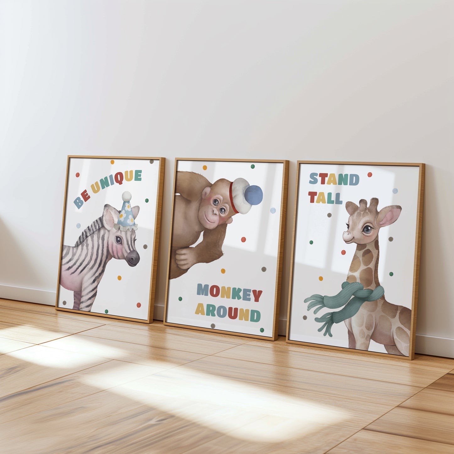 Jungle Friends Wall Art: Be Unique, Stand Tall, Monkey Around, Set of 3, N106