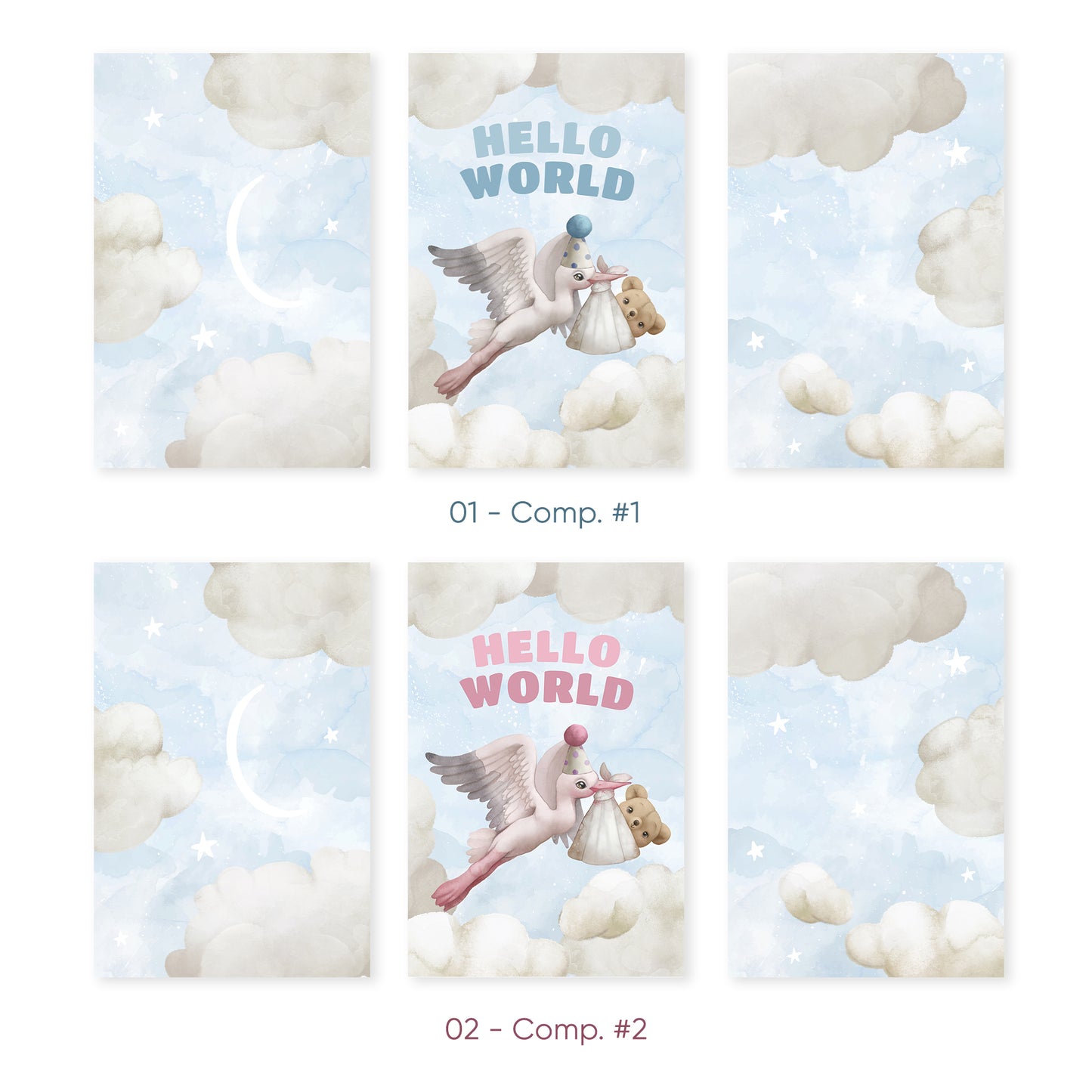 Hello World Stork Arrival – Baby Nursery Cloud Theme, Set of 3, N112