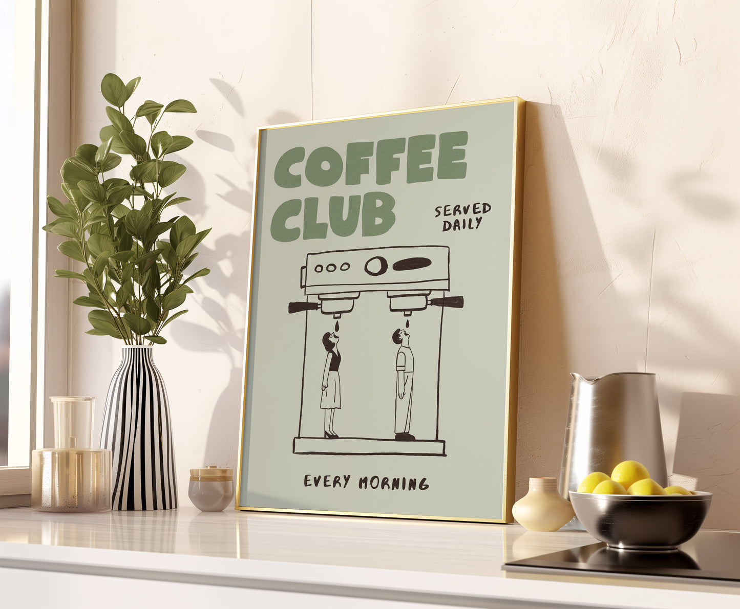 Coffee Club Art Print – Funny Coffee Wall Art for Kitchen or Office – Hand Drawn Poster for Coffee Lovers