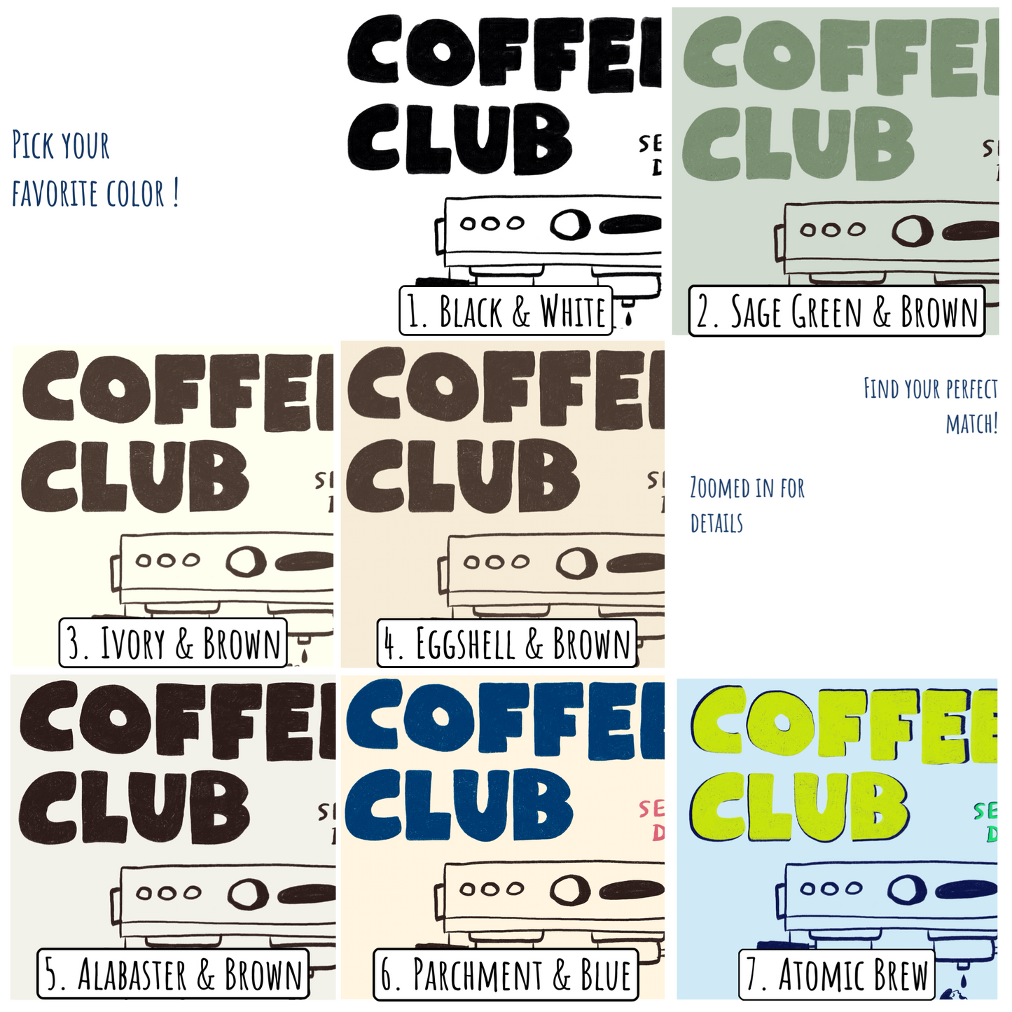 Coffee Club Art Print – Funny Coffee Wall Art for Kitchen or Office – Hand Drawn Poster for Coffee Lovers