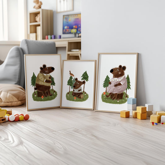 Set of 3 Nursery Woodland Art Prints, Bear Family Wall Decor, Storybook Poster, Forest animal Art, Playroom Themes, Kids Nature Posters N193