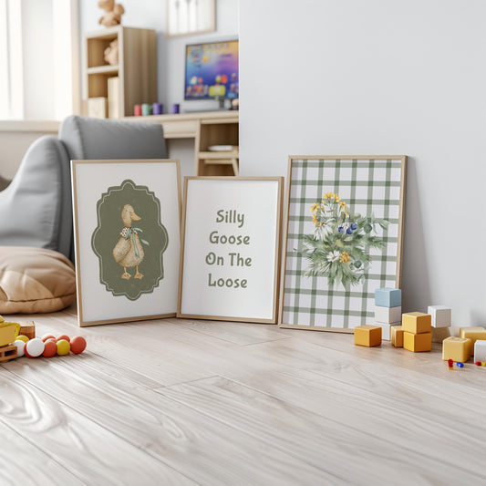 Vintage Farmhouse Goose Nursery Print, Plaid Floral Wall Art N234