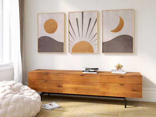 Set of 3 Boho Wall Art Prints, Earth Tone Boho Home Decor, Boho Abstract Geometric Posters, Beige Living Room Art, Sun Mid Century Art B018