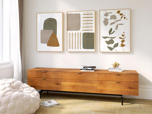 Boho Abstract Wall Art Set of 3 – Neutral Botanical Prints – Earthy Japandi Decor – Minimalist Geometric Posters – Modern Home Print B34