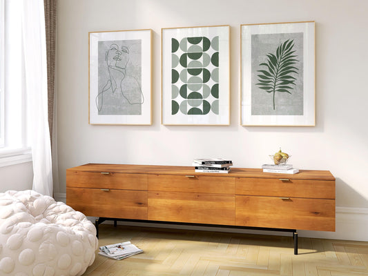 Sage Green Modern Wall Prints – Set of 3 Minimalist Posters with Face Line Art, Leaf & Geometric Shapes for Scandinavian Neutral Decor B44