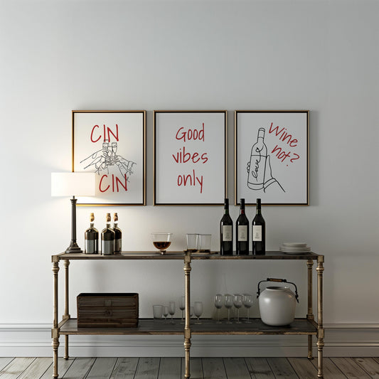 Funny Wine Art Prints for Kitchen – Set of 3 Red Line Posters d140