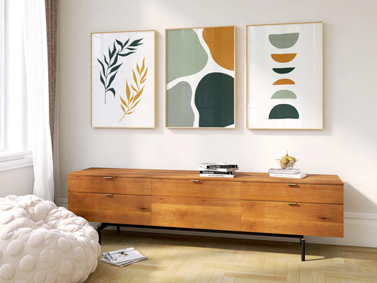 Set of 3 Boho Wall Art Prints, Sage Green Wall Prints, Boho Abstract Posters, Geometric Earth Tone Wall Poster, Mid Century Modern Decor B15