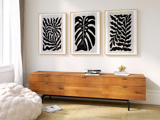 Abstract Botanical Wall Art - Black and Beige Leaf Print Set of 3 for Modern, Japandi, Minimalist, or Scandinavian Interior Decor B54