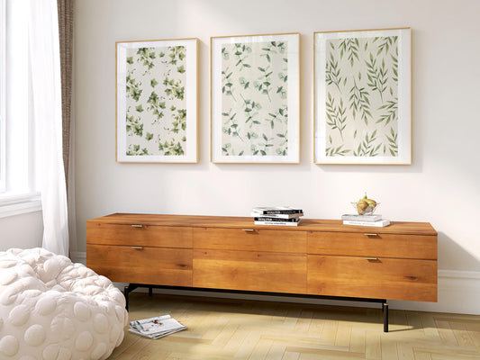 Botanical Pattern Wall Prints, Set of 3 Boho Wall Art, Home Decor, Green Calm Floral Poster, Beige, Mid-Century Style Art B024