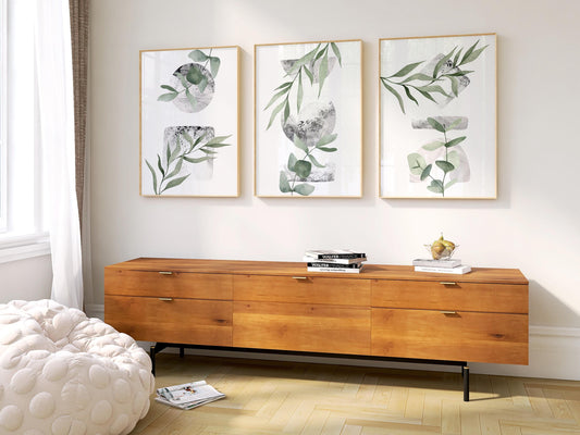 Set of 3 Boho Wall Art Prints, Sage Green Wall Prints, Boho Posters, Geometric Wall Poster, Green Floral Wall Decor, Eucalyptus Print B020