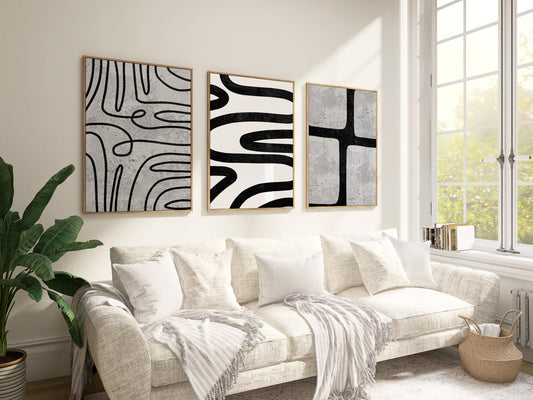 Modern Abstract Wall Art Set – Black Line Art Prints for Living Room or Boho Decor, Scandinavian Fine Art Poster Trio for Gallery Wall B076