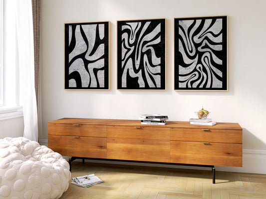 Abstract Black and White Wall Art Triptych, Minimalist Modern Prints, Mid Century Artwork for Living Room and Bedroom Decor B078