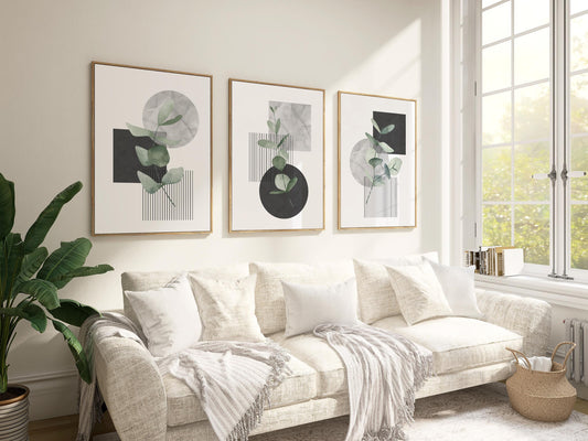 Minimal Botanical Wall Art Set of 3, Modern Eucalyptus Prints, Japandi Home Decor, Neutral Abstract Line Posters for Living Room Bedroom B32