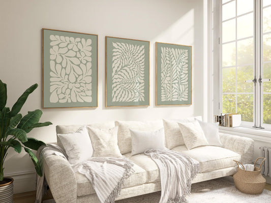 Sage Green Leaf Prints – Set of 3 Neutral Botanical Wall Art for Living Room or Bedroom, Modern Minimalist Plant Decor, Gallery Style B43