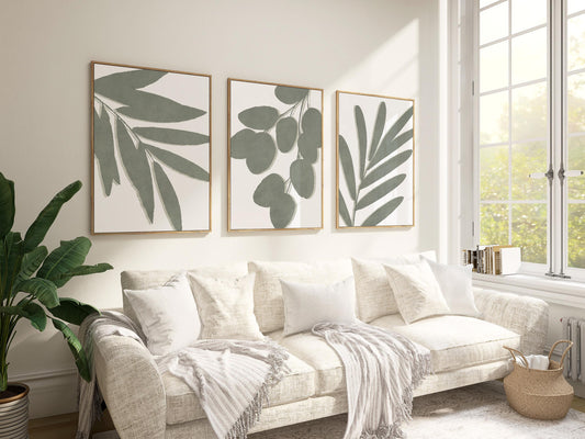 Living Room Wall Art – Sage Green Botanical Prints, Neutral Boho Gallery Wall Set of 3, Scandi, Unframed B191