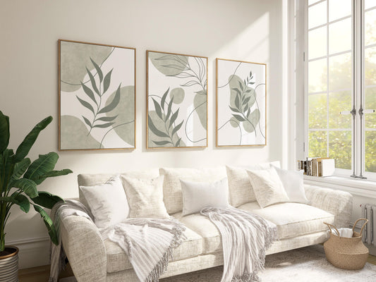 Sage Green Botanical Prints Triptych – Boho Scandi Abstract Leaves Gallery Wall Set, Neutral Leaf Wall Art for Kitchen & Dining B174