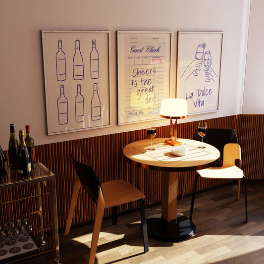 Minimalist Wine Bar Art Prints, La Dolce Vita, Cheers Poster Set (D143)