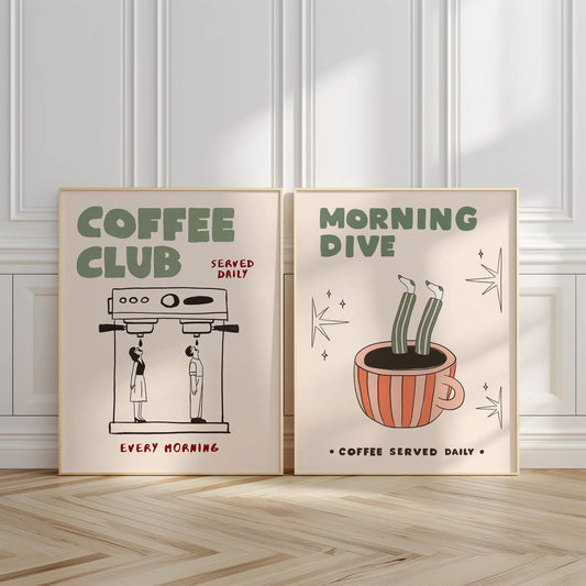 Coffee Bar Decor Set of 2 Posters, Espresso Print, Retro Kitchen Art, Coffee-Lover Gift