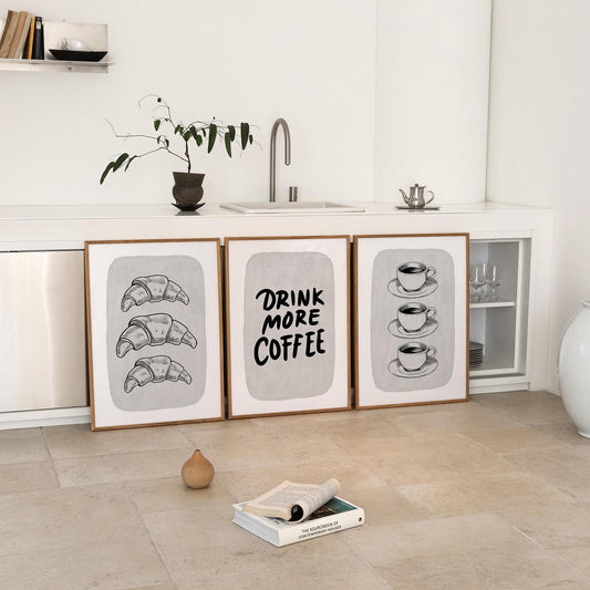 Coffee Croissant Print – Black and White Kitchen Wall Art (Physical Print) D149
