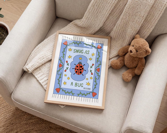 Snug as a Bug in A Rug Poster, Ladybug Nursery Print: Hand-Drawn Whimsical Kids Wall Art MR23