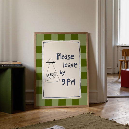 Please Leave by 9PM Wall Art, Funny Alien Cow Print, Introvert Home Decor (MR129)