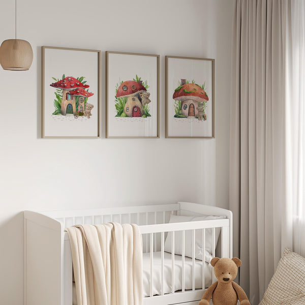 Set of three whimsical mushroom-house storybook nursery prints hung above a white crib in a furnished nursery