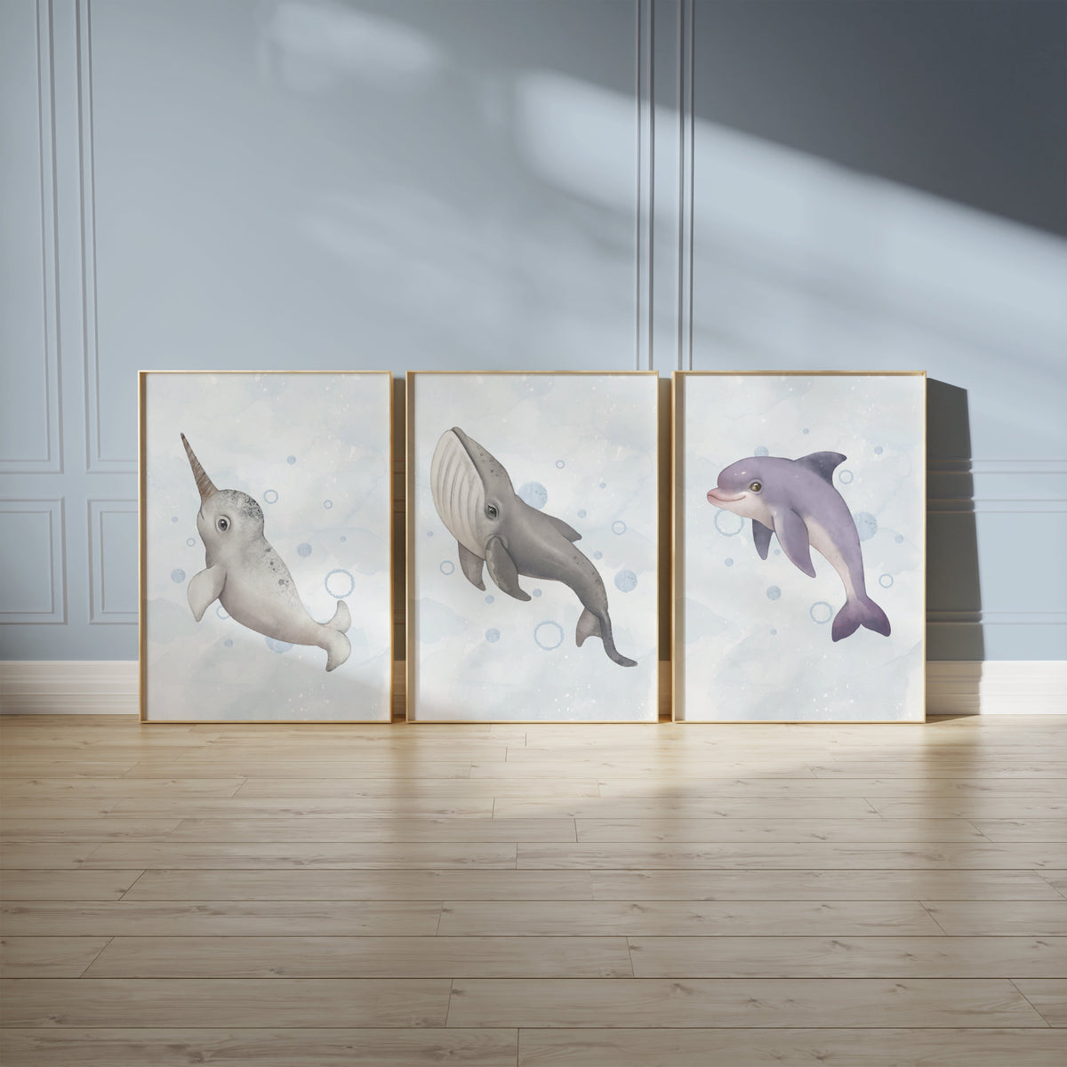Deep Sea Dreamers narwhal, whale and dolphin nursery art trio — Nursery & Kids Wall Art collection