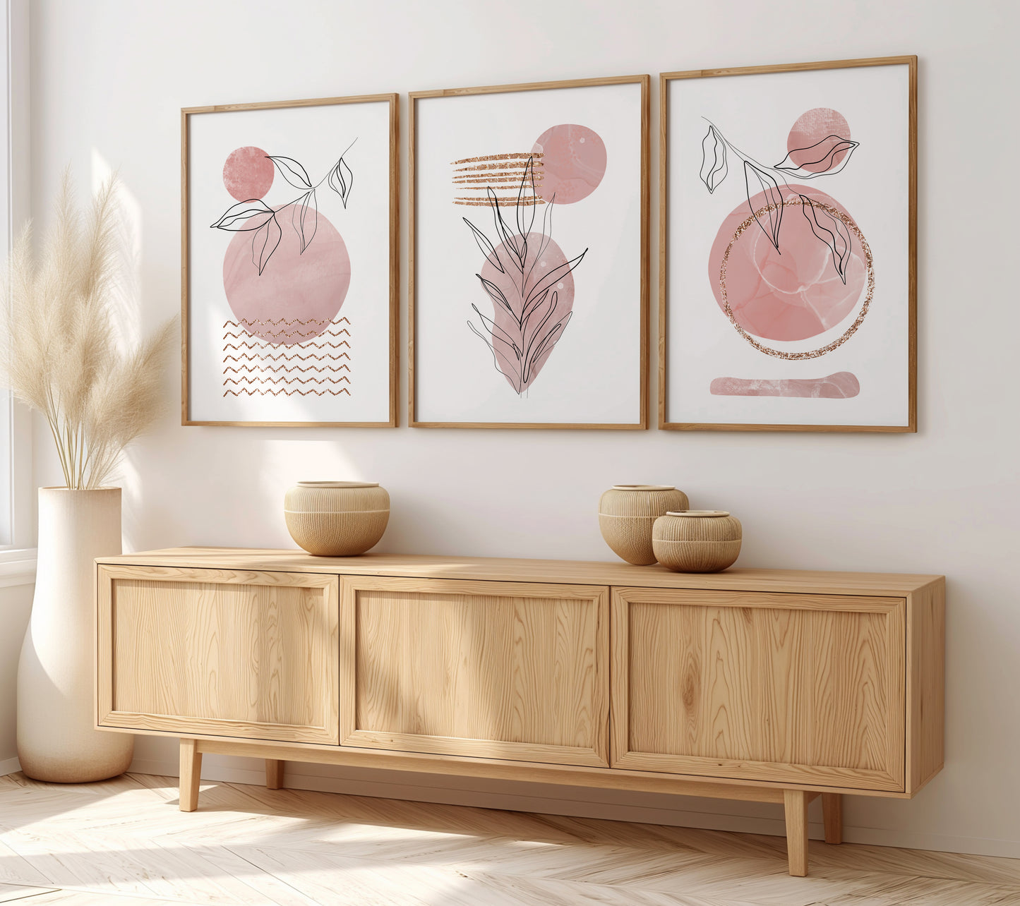 Pink Elegance: Botanical Art Prints for Modern Spaces, Set of 3, B001