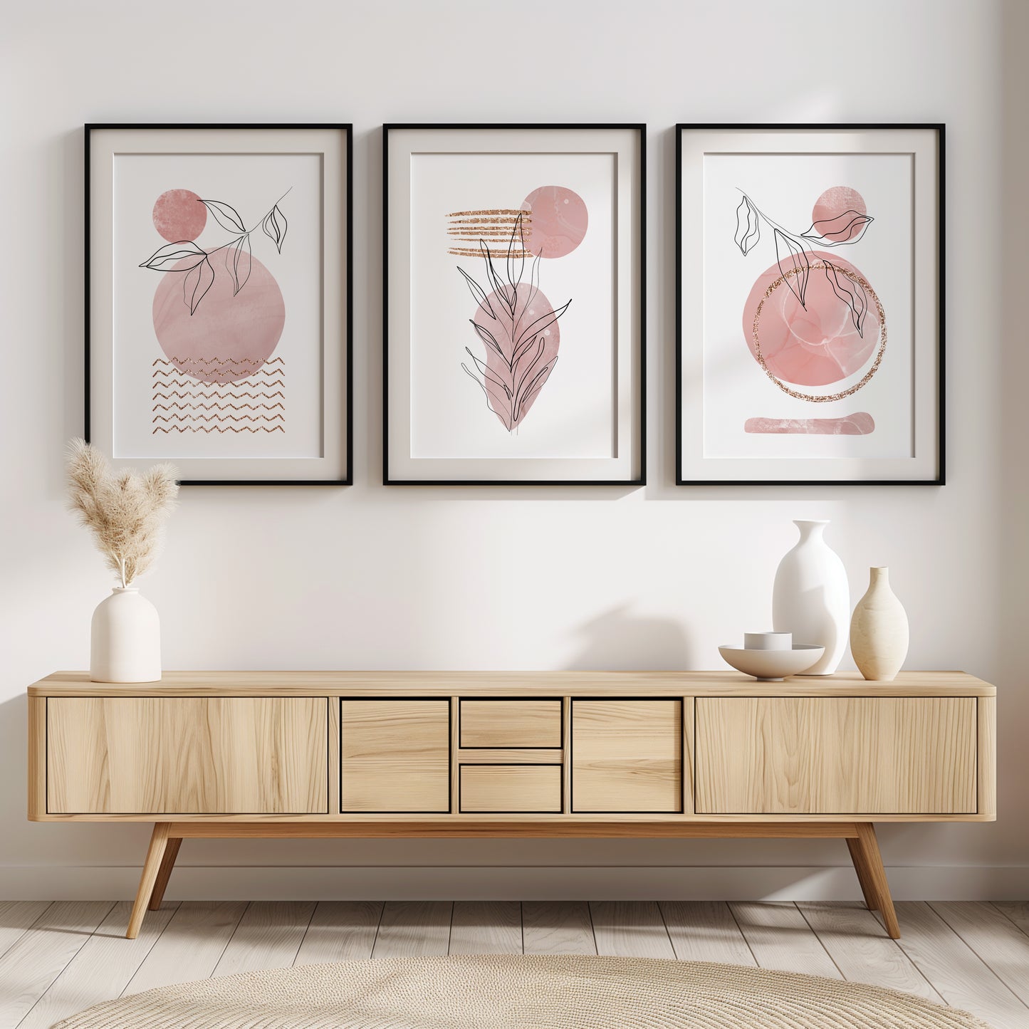 Pink Elegance: Botanical Art Prints for Modern Spaces, Set of 3, B001