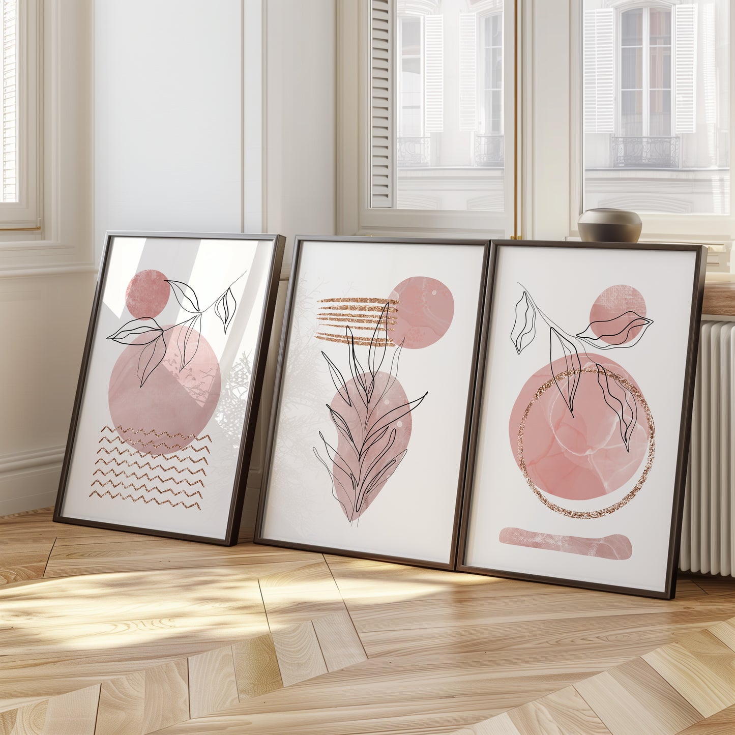 Pink Elegance: Botanical Art Prints for Modern Spaces, Set of 3, B001