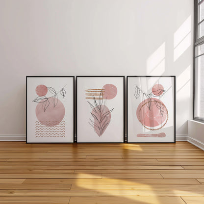 Pink Elegance: Botanical Art Prints for Modern Spaces, Set of 3, B001