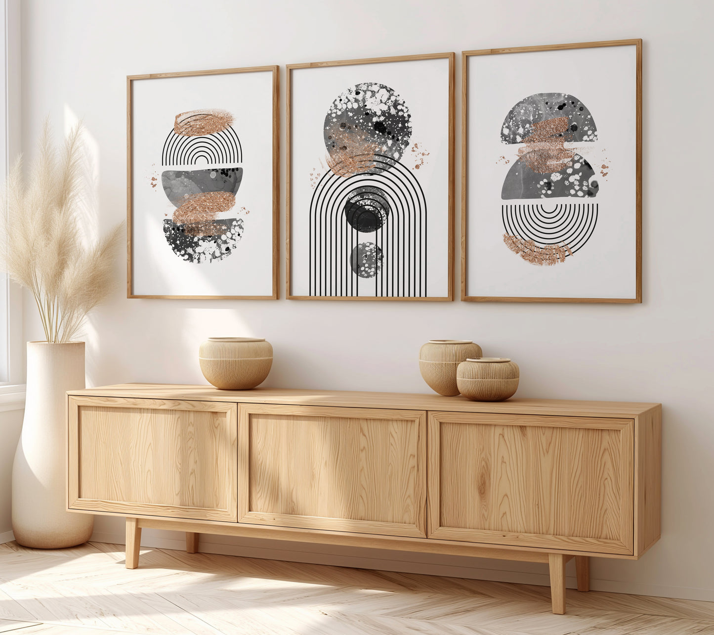 Modern Metallic Echo - Geometric Art Prints, Set of 3, B003