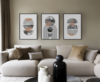 Modern Metallic Echo - Geometric Art Prints, Set of 3, B003