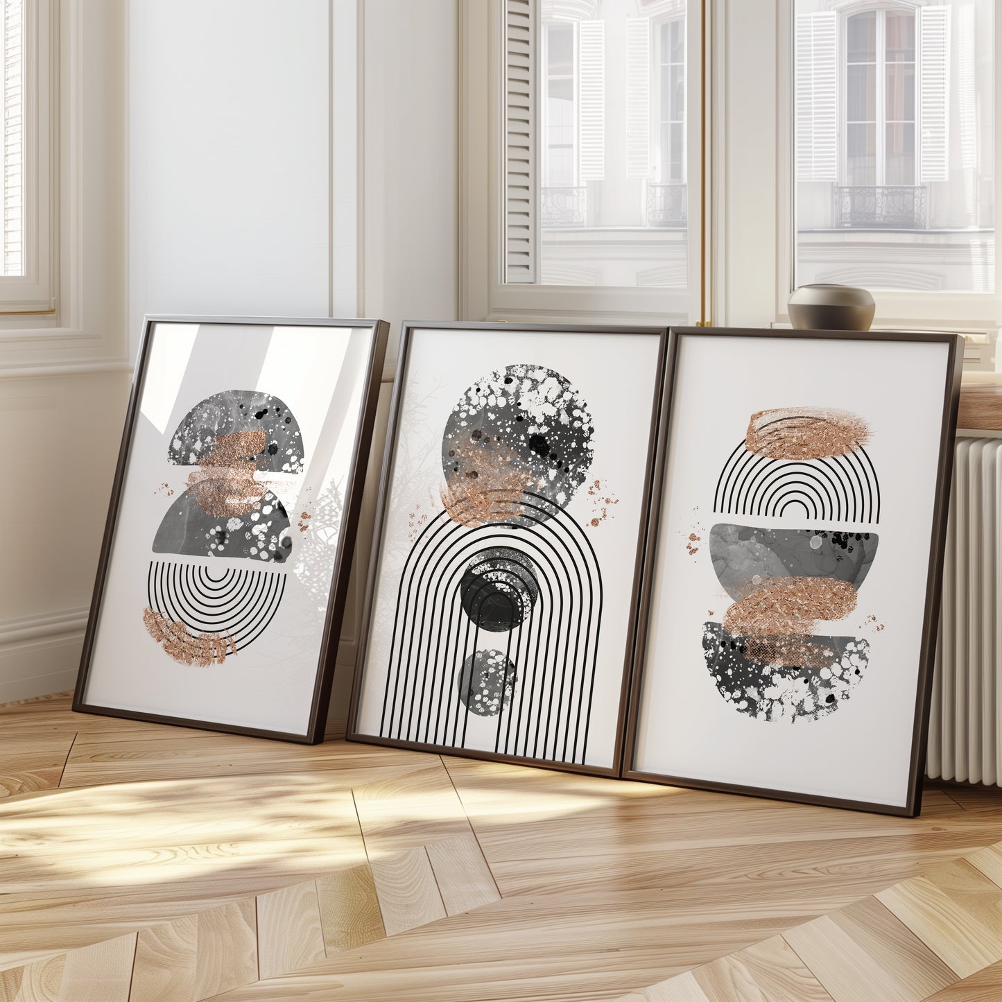 Modern Metallic Echo - Geometric Art Prints, Set of 3, B003