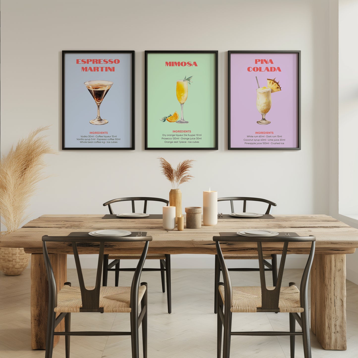 Elegant Brunch Vibes: Espresso Martini, Mimosa, Pina Colada Wall Decor, Set of 3, D004