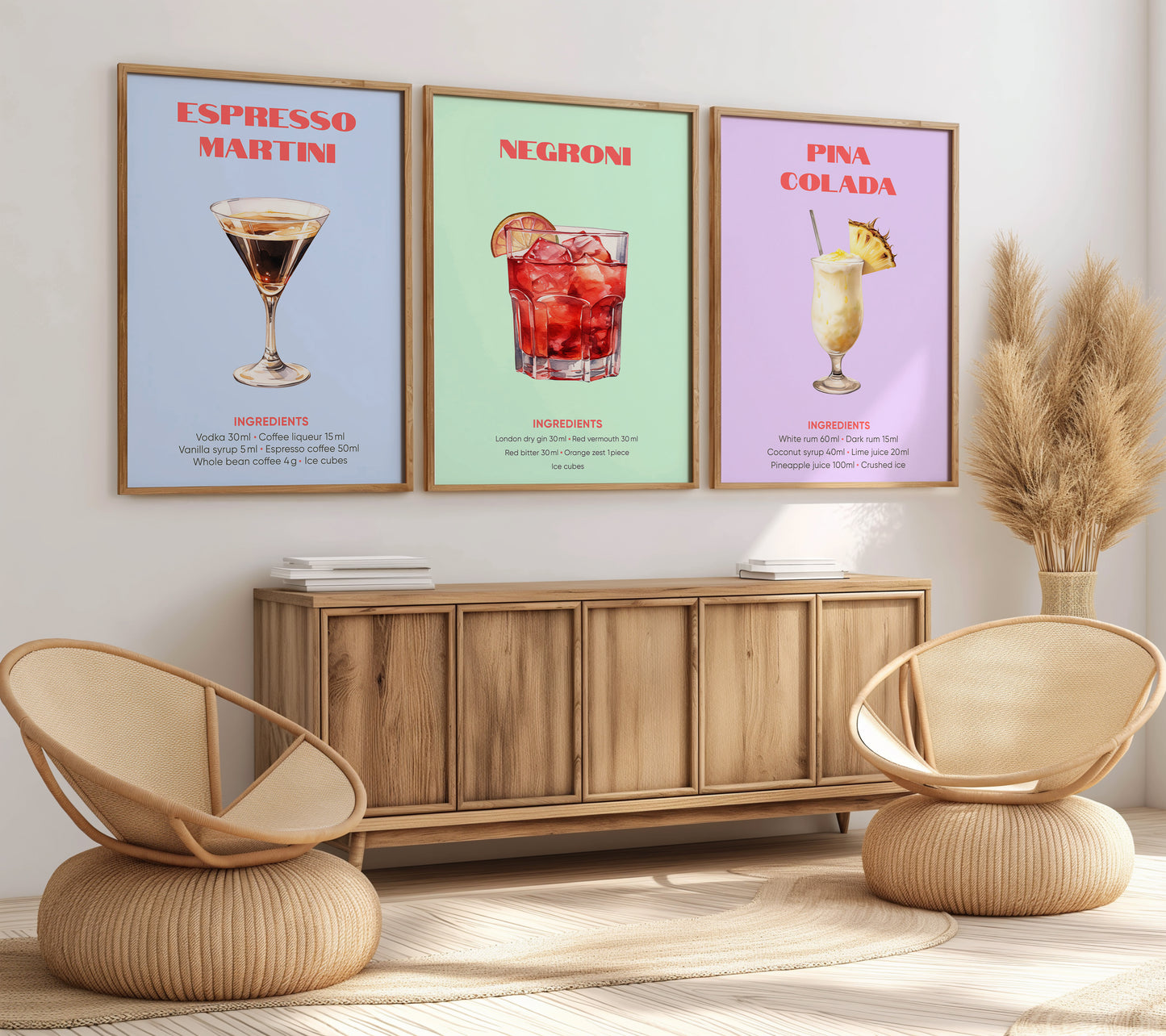 Elegant Brunch Vibes: Espresso Martini, Mimosa, Pina Colada Wall Decor, Set of 3, D004