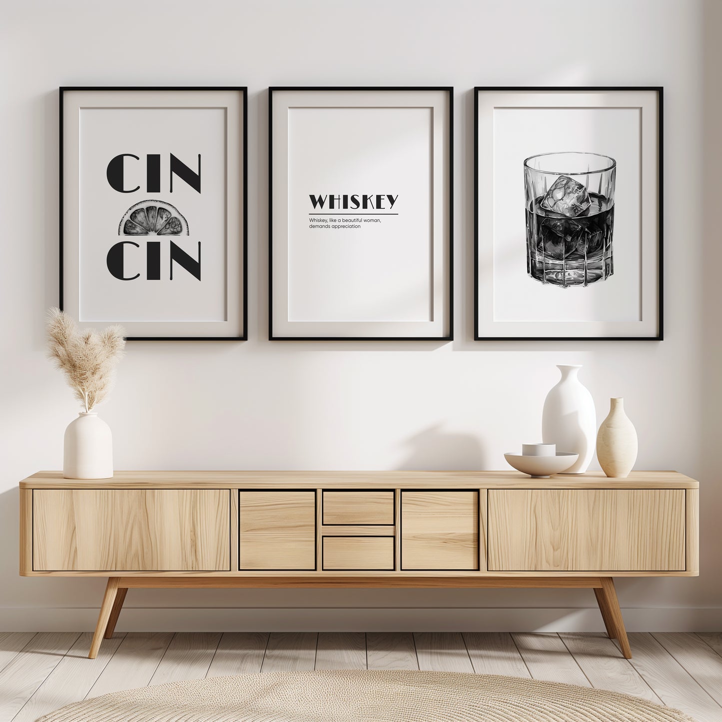 Classic Whiskey Vibes - Monochrome Bar Art, Set of 3, D005