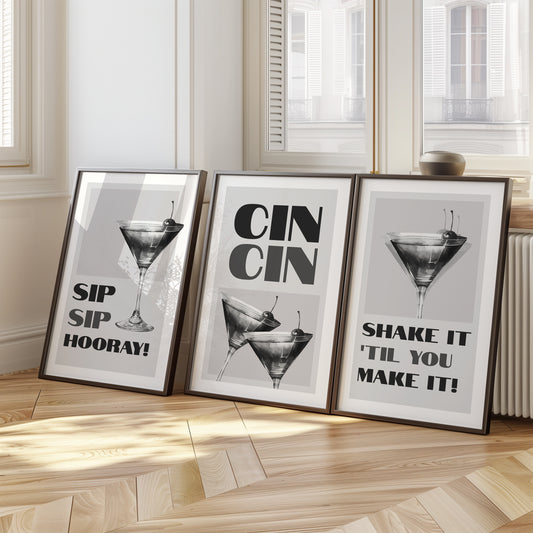 Sophisticated Sips: Monochrome Bar Poster Trio, Set of 3, D006