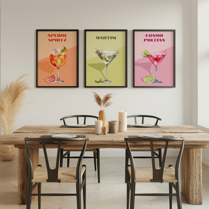 Retro-Inspired Cocktail Wall Art Set, Set of 3, D013