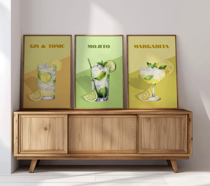 Retro-Inspired Cocktail Wall Art Set, Set of 3, D013