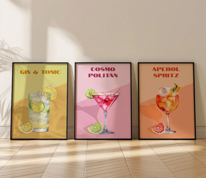 Retro-Inspired Cocktail Wall Art Set, Set of 3, D013