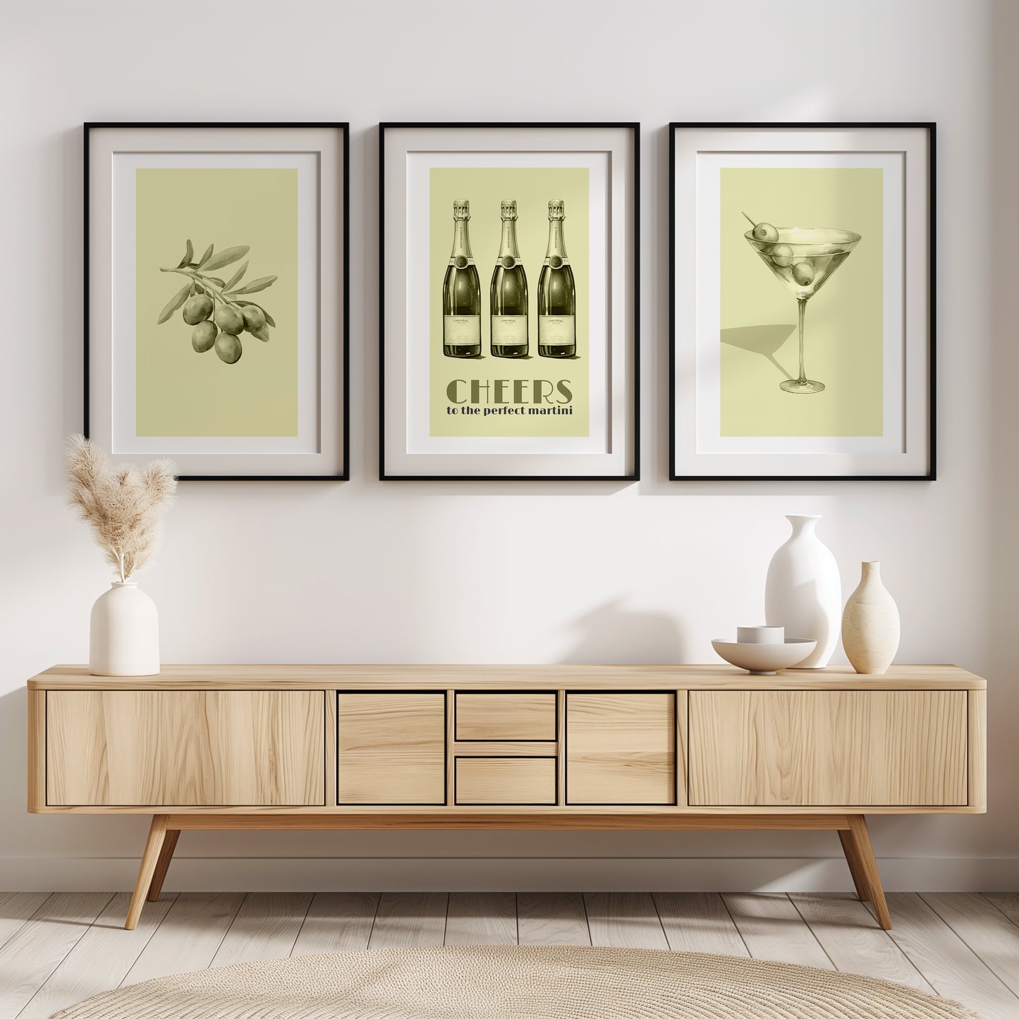 Elegant Cheers: Champagne, Olives & Martini Art Set, Set of 3, D014