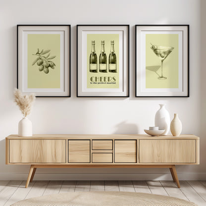 Elegant Cheers: Champagne, Olives & Martini Art Set, Set of 3, D014