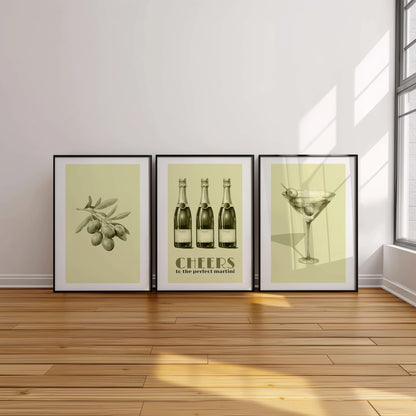 Elegant Cheers: Champagne, Olives & Martini Art Set, Set of 3, D014