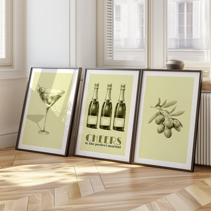 Elegant Cheers: Champagne, Olives & Martini Art Set, Set of 3, D014